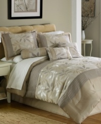 Turn over a new leaf. Be swept away by this Foliage comforter set as whimsical leaves dance upon a soothing tan ground for a beautiful presentation. Glimmering metallic accents and pleated details finish the set with pure enchantment. Turn over a new leaf. Be swept away by this Foliage comforter set as whimsical leaves dance upon a soothing tan ground for a beautiful presentation. Glimmering metallic accents and pleated details finish the set with pure enchantment.