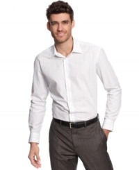 Subtle stripes add a big statement to this classic dress shirt from Alfani BLACK. Subtle stripes add a big statement to this classic dress shirt from Alfani BLACK.