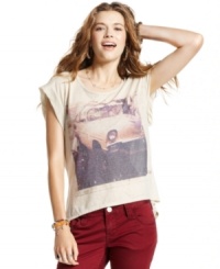 A faded car print adds cool, vintage style to this high-low tee from American Rag. A faded car print adds cool, vintage style to this high-low tee from American Rag.