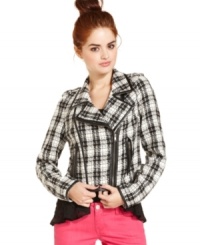 Layer up! American Rag reimagines the oh-so-cool moto jacket with tweed fabric and faux-leather trims. Layer up! American Rag reimagines the oh-so-cool moto jacket with tweed fabric and faux-leather trims.