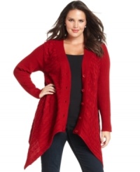 Layer in style this season with Design 365's cable-knit plus size cardigan, punctuated by a handkerchief hem. Layer in style this season with Design 365's cable-knit plus size cardigan, punctuated by a handkerchief hem.