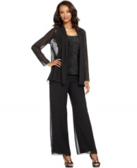 Patra's beaded top and chic chiffon jacket and pants are effortlessly elegant for evening. Pair with strappy heels to accentuate the silhouette.