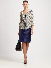Make an impact in this structured leather pencil skirt with an exposed back zipper and slit. Exposed back zipperBack slitAbout 22 longLeatherDry clean with leather specialistImportedModel shown is 5'10 (177cm) wearing US size 4. Make an impact in this structured leather pencil skirt with an exposed back zipper and slit. Exposed back zipperBack slitAbout 22 longLeatherDry clean with leather specialistImportedModel shown is 5'10 (177cm) wearing US size 4.
