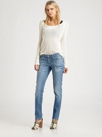Classic straight-leg denim tailored with a slightly slimmer fit and distressed finish.THE FITFitted through hips and thighsRise, about 7¾Inseam, about 33THE DETAILSZip flyFive-pocket styleSignature stitch back pockets70% cotton/28% lyocell/2% polyurethaneMachine washMade in USA of imported fabricModel shown is 5'9½ (176cm) wearing US size 4. Classic straight-leg denim tailored with a slightly slimmer fit and distressed finish.THE FITFitted through hips and thighsRise, about 7¾Inseam, about 33THE DETAILSZip flyFive-pocket styleSignature stitch back pockets70% cotton/28% lyocell/2% polyurethaneMachine washMade in USA of imported fabricModel shown is 5'9½ (176cm) wearing US size 4.