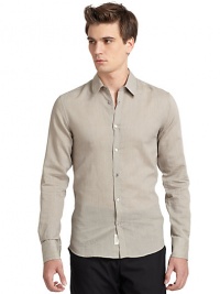 THE LOOKSuper slim fit silhouetteTonal striped designShirt collarFront button closure Long button cuff sleeves Shirttail hemBack yoke and seam detailsTHE MATERIAL79% cotton/21% silkCARE & ORIGINHand washMade in Italy THE LOOKSuper slim fit silhouetteTonal striped designShirt collarFront button closure Long button cuff sleeves Shirttail hemBack yoke and seam detailsTHE MATERIAL79% cotton/21% silkCARE & ORIGINHand washMade in Italy