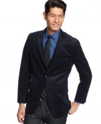 Complement your special occasion with this handsome slim fit 2 button blazer by Alfani RED.