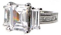 3 Stone Emerald & Bar Set Simulated White Diamond CZ Engagement Ring, 18K White Gold Plated Rhodium Metal, Size 7 3 Stone Emerald & Bar Set Simulated White Diamond CZ Engagement Ring, 18K White Gold Plated Rhodium Metal, Size 7
