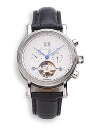 THE LOOKRound stainless steel case, 38mm (1.5)Textured bezelWhite chronograph dial with transparent detailNumeral hour markersTransparent case backBlack croc-print leather strapWater resistant to 3 ATMTHE MATERIALStainless steelCroc-print leatherORIGINImported THE LOOKRound stainless steel case, 38mm (1.5)Textured bezelWhite chronograph dial with transparent detailNumeral hour markersTransparent case backBlack croc-print leather strapWater resistant to 3 ATMTHE MATERIALStainless steelCroc-print leatherORIGINImported