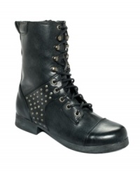 A shoe that embraces your inner tough girl. Pink and Pepper's Conquer booties feature stud detailing on the ankles and a lace-up vamp. A shoe that embraces your inner tough girl. Pink and Pepper's Conquer booties feature stud detailing on the ankles and a lace-up vamp.