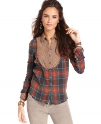 Mixed plaids make this Free People blouse a modern pick for a rustic, fall outfit -- pair it with distressed denim to complete the look! Mixed plaids make this Free People blouse a modern pick for a rustic, fall outfit -- pair it with distressed denim to complete the look!