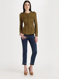 Strategic seaming lends an ultra-feminine feel to this cotton/silk blend, military-inspired design.Jewel necklineEpaulettesConcealed button frontFlap pocketsLong, slightly puffed sleevesButton cuffsBack dartsAbout 23 from shoulder to hem66% cotton/34% silkDry cleanMade in Italy of imported fabricModel shown is 5'11 (180cm)wearing US size 4. Strategic seaming lends an ultra-feminine feel to this cotton/silk blend, military-inspired design.Jewel necklineEpaulettesConcealed button frontFlap pocketsLong, slightly puffed sleevesButton cuffsBack dartsAbout 23 from shoulder to hem66% cotton/34% silkDry cleanMade in Italy of imported fabricModel shown is 5'11 (180cm)wearing US size 4.