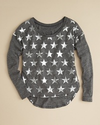 This slouchy slub tunic features a cool constellation of stars, some faded, some with metallic accents. This slouchy slub tunic features a cool constellation of stars, some faded, some with metallic accents.