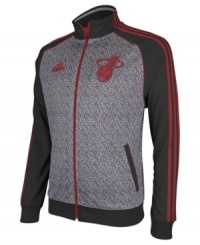 Pay tribute to the Miami Heat wearing their colors in this static jacket by adidas. Pay tribute to the Miami Heat wearing their colors in this static jacket by adidas.