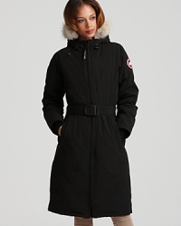 Canada Goose's low-hip length jacket boasts an adjustable down hood with luxe fleece lining and a removable Coyote fur ruff for versatility. Canada Goose's low-hip length jacket boasts an adjustable down hood with luxe fleece lining and a removable Coyote fur ruff for versatility.