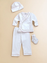 The perfect take-home set in ultra-soft cotton, adorned with the sweetest floral vine trim.Hat with picot trimWrap-front long sleeved tee with scalloped trim and snap closuresElastic waist pantsCuffed socksMachine washCottonImported The perfect take-home set in ultra-soft cotton, adorned with the sweetest floral vine trim.Hat with picot trimWrap-front long sleeved tee with scalloped trim and snap closuresElastic waist pantsCuffed socksMachine washCottonImported