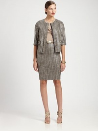 Textural metallic tweed, tailored in a sleek pencil silhouette.Flat frontBack ventConcealed back zipAbout 26 longWool/acrylicDry cleanMade in USA of Italian fabricModel shown is 5'10 (177cm) wearing US size 4. Textural metallic tweed, tailored in a sleek pencil silhouette.Flat frontBack ventConcealed back zipAbout 26 longWool/acrylicDry cleanMade in USA of Italian fabricModel shown is 5'10 (177cm) wearing US size 4.
