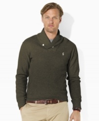 Combining the casual comfort of French-ribbed fleece with the polished refinement of a shawl collar, this essential pullover blends the best of both worlds for an utterly luxe look. Combining the casual comfort of French-ribbed fleece with the polished refinement of a shawl collar, this essential pullover blends the best of both worlds for an utterly luxe look.