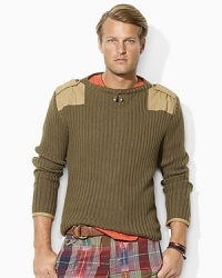 Crafted in a comfortable ribbed knit from soft, cashmere-like cotton, a handsome crewneck sweater channels rugged military styling with shoulder epaulets and soft chino twill patchwork. Crafted in a comfortable ribbed knit from soft, cashmere-like cotton, a handsome crewneck sweater channels rugged military styling with shoulder epaulets and soft chino twill patchwork.