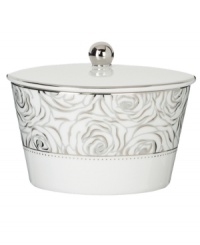 With Monique Lhuillier's designer touch, luxe bone china blossoms into the gorgeous Sunday Rose covered sugar bowl. Featuring bands of platinum, luscious blooms and twinkling dots. With Monique Lhuillier's designer touch, luxe bone china blossoms into the gorgeous Sunday Rose covered sugar bowl. Featuring bands of platinum, luscious blooms and twinkling dots.