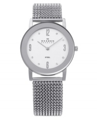 Style you can slip on and off. Timeless watch by Skagen Denmark crafted of stainless steel mesh expansion bracelet and round case. Silver tone dial features applied silver tone numerals at twelve, three, six and nine o'clock, dot markers, eight crystal elements by Swarovski, two silver tone hands and logo. Quartz movement. Water resistant to 30 meters. Limited lifetime warranty. Style you can slip on and off. Timeless watch by Skagen Denmark crafted of stainless steel mesh expansion bracelet and round case. Silver tone dial features applied silver tone numerals at twelve, three, six and nine o'clock, dot markers, eight crystal elements by Swarovski, two silver tone hands and logo. Quartz movement. Water resistant to 30 meters. Limited lifetime warranty.