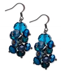 Strut-worthy style. These c.A.K.e. by Ali Khan earrings feature clusters of peacock-inspired faceted glass beads in a hematite tone mixed metal setting. Approximate drop: 2 inches. Strut-worthy style. These c.A.K.e. by Ali Khan earrings feature clusters of peacock-inspired faceted glass beads in a hematite tone mixed metal setting. Approximate drop: 2 inches.
