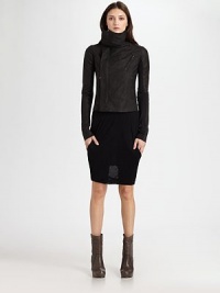 Edgy zipper details and the designer's signature wool sleeve panels define this supple leather piece.Concealed asymmetrical zip frontZide zipper pockets Wool panels on sleevesFully linedAbout 20 from shoulder to hem90% leather/10% woolDry cleanMade in Italy of imported fabricModel shown is 5'11 (180cm) wearing US size 4. Edgy zipper details and the designer's signature wool sleeve panels define this supple leather piece.Concealed asymmetrical zip frontZide zipper pockets Wool panels on sleevesFully linedAbout 20 from shoulder to hem90% leather/10% woolDry cleanMade in Italy of imported fabricModel shown is 5'11 (180cm) wearing US size 4.