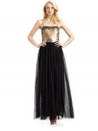 THE LOOKStraight necklineSpaghetti strapsSequined bodiceBoning at bodicePleated, flowing A-line mesh skirtHem sits just above floorConcealed side zip with hook-and-eye closureTHE FITAbout 59 from shoulder to hemTHE MATERIALSilkFully linedCARE & ORIGINSpot cleanImportedModel shown is 5'11 (180cm) wearing US size 4. THE LOOKStraight necklineSpaghetti strapsSequined bodiceBoning at bodicePleated, flowing A-line mesh skirtHem sits just above floorConcealed side zip with hook-and-eye closureTHE FITAbout 59 from shoulder to hemTHE MATERIALSilkFully linedCARE & ORIGINSpot cleanImportedModel shown is 5'11 (180cm) wearing US size 4.