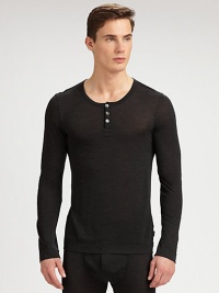 Modern look with retro details highlight this knit wool and silk blend top.CrewneckThree-button placket70% wool/30% silkMachine washImported Modern look with retro details highlight this knit wool and silk blend top.CrewneckThree-button placket70% wool/30% silkMachine washImported