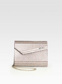 An ultra-modern, glitter design that can be worn along the shoulder or held as a clutch.Chain shoulder strap, 21 drop Magnetic snap top closure Inside open pocket Fully lined 6½W X 5H X 2D Made in Italy An ultra-modern, glitter design that can be worn along the shoulder or held as a clutch.Chain shoulder strap, 21 drop Magnetic snap top closure Inside open pocket Fully lined 6½W X 5H X 2D Made in Italy