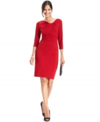 Evan Picone's petite red dress features a twisted neckline and sumptuous ruching for a completely flattering effect. Evan Picone's petite red dress features a twisted neckline and sumptuous ruching for a completely flattering effect.