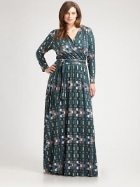 A brilliant print adorns this floor-length dress with a universally flattering wrap design. You will love how the modal fabrication with a touch of stretch complements your curves.Wrap frontLong sleevesPull-on styleAllover printSelf-tie beltAbout 63 from natural waist92% modal/8% spandexDry cleanMade in USA A brilliant print adorns this floor-length dress with a universally flattering wrap design. You will love how the modal fabrication with a touch of stretch complements your curves.Wrap frontLong sleevesPull-on styleAllover printSelf-tie beltAbout 63 from natural waist92% modal/8% spandexDry cleanMade in USA