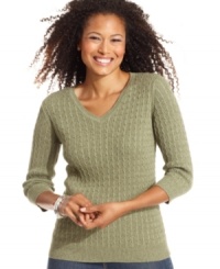 Stay classic in Karen Scott's marled V-neck sweater, rendered in cotton cable-knit. Stay classic in Karen Scott's marled V-neck sweater, rendered in cotton cable-knit.