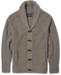 Update your casual look with dapper style in this shawl cardigan with toggle front. Update your casual look with dapper style in this shawl cardigan with toggle front.