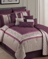 Purple passion! Get lost in an expanse of purple hues with the Fairview comforter set, featuring an intricate allover geometric embroidered pattern that creates a sumptuous texture. Five decorative pillows accompany this set, each with distinctive textures and patterns for a completely unique finish to your bed.