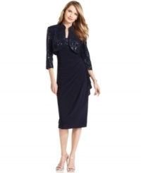 Attend your next function in sleek celebratory style thanks to Alex Evenings' petite dress and jacket ensemble, featuring sparkly sequined details. Attend your next function in sleek celebratory style thanks to Alex Evenings' petite dress and jacket ensemble, featuring sparkly sequined details.