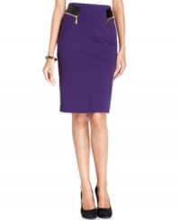 Alfani's petite pencil skirt features chic gold zippers and faux leather insets to give it a style boost. Alfani's petite pencil skirt features chic gold zippers and faux leather insets to give it a style boost.