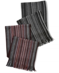 Quick slim: Throw on Farion, a warp-knit, skinny-stripe scarf from Hugo Boss, and get the long, lean look in an instant.
