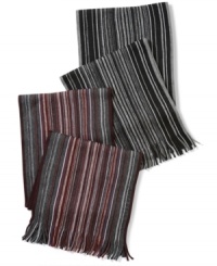 Quick slim: Throw on Farion, a warp-knit, skinny-stripe scarf from Hugo Boss, and get the long, lean look in an instant. Quick slim: Throw on Farion, a warp-knit, skinny-stripe scarf from Hugo Boss, and get the long, lean look in an instant.