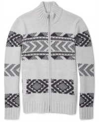 Stylish fair isle print and a snazzy mock neck give this American Rag cardigan its classy style. Stylish fair isle print and a snazzy mock neck give this American Rag cardigan its classy style.