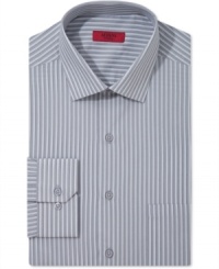 Lighten up your desktop demeanor in this grey-striped fitted dress shirt from Alfani. Lighten up your desktop demeanor in this grey-striped fitted dress shirt from Alfani.
