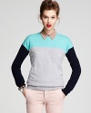 The Aqua Cashmere color block sweater-your go-to style staple for the new season. On trend and deliciously decadent, you'll never need another piece…except maybe this one in another combo.