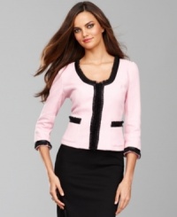 Inspired by haute couture, INC's tweed jacket is trimmed with delicate tulle ruffles for a feminine look. Inspired by haute couture, INC's tweed jacket is trimmed with delicate tulle ruffles for a feminine look.