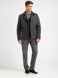 A double-breasted outerwear silhouette crafted in a superior wool blend, featuring leather pocket detailing for a uniquely tailored finish.Button-frontWaist slash pocketsFully linedAbout 27 from shoulder to hem80% wool/20% polyamideDry cleanImported A double-breasted outerwear silhouette crafted in a superior wool blend, featuring leather pocket detailing for a uniquely tailored finish.Button-frontWaist slash pocketsFully linedAbout 27 from shoulder to hem80% wool/20% polyamideDry cleanImported