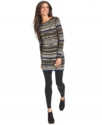 Sequins and metallic touches give this ECI tunic sweater a festive touch! Sequins and metallic touches give this ECI tunic sweater a festive touch!