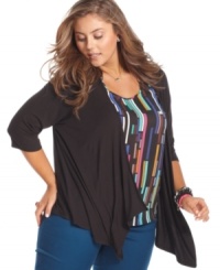 Layer your sleeveless looks with American Rag's three-quarter-sleeve plus size cardigan, punctuated by a handkerchief hem. Layer your sleeveless looks with American Rag's three-quarter-sleeve plus size cardigan, punctuated by a handkerchief hem.