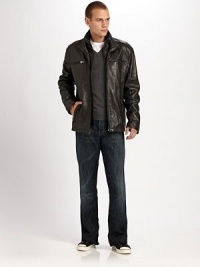 Buttery lambskin from France, styled with a collar-within-a-collar and a whole lot of zippers.Stitched shoulder epaulets Zip-up wing collar with inner zip-up knit collar Zip front Zip chest pockets Angled zip front pockets Snap cuffs Back yoke About 27 from shoulder to hem Quilted logo lining Lambskin leather Dry clean by leather specialist Imported Buttery lambskin from France, styled with a collar-within-a-collar and a whole lot of zippers.Stitched shoulder epaulets Zip-up wing collar with inner zip-up knit collar Zip front Zip chest pockets Angled zip front pockets Snap cuffs Back yoke About 27 from shoulder to hem Quilted logo lining Lambskin leather Dry clean by leather specialist Imported
