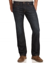 A dark wash and whiskered detailing make these straight jeans from Lucky Brand Jeans a wear-anywhere pair. A dark wash and whiskered detailing make these straight jeans from Lucky Brand Jeans a wear-anywhere pair.