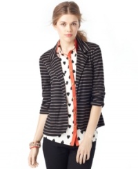 Bring it with American Rag's striped knit blazer -- it's perfect for mixing with printed tops and colored denim. Bring it with American Rag's striped knit blazer -- it's perfect for mixing with printed tops and colored denim.