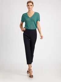 Softly knit linen, in a V-neck style finished with a rib-knit hem.V necklineCap sleevesRib-knit hemlineLinenDry cleanMade in Italy of imported fabric Model shown is 5'11 (180cm) wearing US size 4. Softly knit linen, in a V-neck style finished with a rib-knit hem.V necklineCap sleevesRib-knit hemlineLinenDry cleanMade in Italy of imported fabric Model shown is 5'11 (180cm) wearing US size 4.