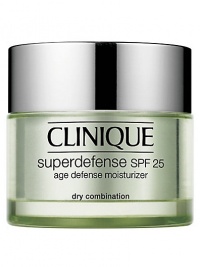 Superdefense SPF 25 Age Defense Moisturizer in Dry Combination. Skin's most complete defense against the visible signs of aging in a daily moisturizer. Arms it to fight the visible effects of emotional stress. Helps neutralizes UVA and UVB. 1.7 oz. Superdefense SPF 25 Age Defense Moisturizer in Dry Combination. Skin's most complete defense against the visible signs of aging in a daily moisturizer. Arms it to fight the visible effects of emotional stress. Helps neutralizes UVA and UVB. 1.7 oz.
